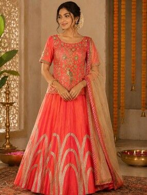 Hand Stitched Coral Pink Lehenga with Gold Embellished Peacock Embroidery
